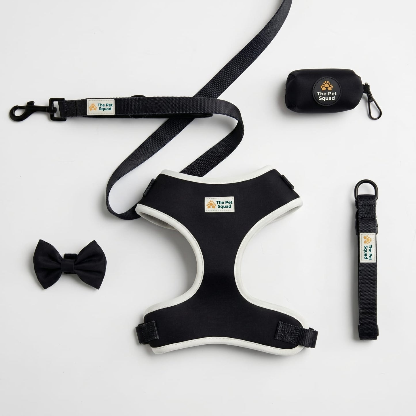 5-Piece Black & White Dog Accessories Set – Harness, Lead & Bow Tie